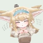  1girl :&lt; afterimage animal_ears arknights basket blonde_hair blue_hairband blush closed_eyes closed_mouth commentary creature_on_head dot_nose ear_wiggle facing_viewer fox_ears fox_girl frilled_hairband frills grey_background hairband heixiu holding holding_basket long_hair luo_xiaohei_zhanji one-hour_drawing_challenge oudonium simple_background solo suzuran_(arknights) suzuran_(spring_praise)_(arknights) upper_body 