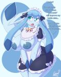  absurd_res anthro big_breasts blue_eyes blue_hair blush breasts clothed clothing dialogue eeveelution embarrassed female generation_4_pokemon glaceon hair hi_res long_ears maid_apron maid_headdress maid_uniform nintendo open_mouth pokemon pokemon_(species) snackbunnii solo standing topless uniform wide_hips 