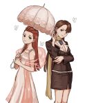  2girls ace_attorney asymmetrical_bangs black_jacket blazer blush braid breasts brown_eyes brown_hair bug butterfly cleavage closed_mouth dahlia_hawthorne dress formal highres holding holding_umbrella jacket jewelry long_hair looking_at_viewer magatama magatama_necklace medium_breasts mia_fey mole mole_under_mouth multiple_girls necklace parasol pink_shawl red_eyes red_hair renshu_usodayo scarf shawl simple_background skirt skirt_suit smile standing suit umbrella white_background white_butterfly white_dress white_umbrella yellow_scarf 