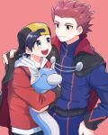  2boys backwards_hat belt blue_jacket blue_pants cape closed_mouth commentary_request dratini ethan_(pokemon) eye_contact grey_eyes hat highres holding holding_pokemon jacket lance_(pokemon) long_sleeves looking_at_another male_focus mochi_(mocchi_p_2m) multiple_boys pants pink_background pokemon pokemon_(creature) pokemon_(game) pokemon_hgss red_hair red_jacket short_hair smile spiked_hair 