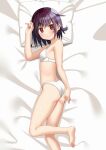  1girl amano_miyako arm_at_side blush bra breasts brown_hair closed_mouth commentary_request full_body hand_up head_on_pillow kantai_collection looking_at_viewer lying messy_hair mutsuki_(kancolle) on_bed on_side panties pillow red_eyes short_hair sideboob small_breasts smile solo underwear underwear_only white_bra white_panties 