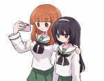  2girls arm_around_shoulder black_hair black_neckerchief blouse blunt_bangs brown_eyes cellphone closed_mouth commentary_request girls_und_panzer green_skirt hairband holding holding_phone light_frown long_hair long_sleeves multiple_girls neckerchief ooarai_school_uniform orange_eyes orange_hair phone pleated_skirt reizei_mako ri_(qrcode) sailor_collar school_uniform selfie serafuku shirt skirt smartphone smile standing takebe_saori white_hairband white_sailor_collar white_shirt 