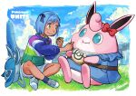  1girl :i backpack bag bag_removed belt blue_hair blush border bow brown_belt closed_mouth clothed_pokemon cloud commentary_request copyright_name day eating elizabeth_(tomas21) feeding food glaceon grass green_eyes highres musical_note onigiri outdoors pokemon pokemon_(creature) pokemon_(game) pokemon_unite red_bow shoes short_hair shorts sitting sky smile sneakers socks white_border wigglytuff 