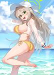  1girl :d ass bare_arms bare_legs bare_shoulders barefoot beach bikini blue_archive blush breasts day feet front-tie_top green_eyes halo hat highres jacket kadokadokado large_breasts light_brown_hair long_hair looking_at_viewer nonomi_(blue_archive) nonomi_(swimsuit)_(blue_archive) ocean official_alternate_costume open_mouth outdoors see-through see-through_jacket side-tie_bikini_bottom sideboob sky smile solo string_bikini sun_hat swimsuit thighs toes very_long_hair water white_headwear yellow_bikini 