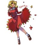  1girl :d aki_shizuha blonde_hair breasts commentary full_body hair_ornament highres holding holding_leaf leaf leaf_hair_ornament one-hour_drawing_challenge open_mouth red_footwear red_shirt red_skirt renshirenji shirt short_sleeves simple_background skirt smile socks solo teeth touhou upper_teeth_only white_background white_socks yellow_eyes 
