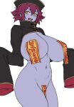  1girl blue_skin bottomless breasts chinese_clothes colored_skin hat highres houtengeki huge_breasts jiangshi looking_at_viewer maebari ofuda ofuda_on_nipples ofuda_on_pussy original pasties purple_hair qing_guanmao short_hair simple_background sleeves_past_fingers sleeves_past_wrists solo white_background yellow_eyes 