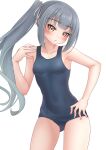 1girl absurdres alternate_costume blue_one-piece_swimsuit breasts brown_eyes grey_hair highres kantai_collection kasumi_(kancolle) long_hair looking_at_viewer makura_(y_makura) navel one-piece_swimsuit school_swimsuit side_ponytail simple_background small_breasts solo swimsuit variant_set white_background 