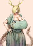  2b-ge angry animal_humanoid big_breasts blonde_hair breasts brown_eyes cleavage clothed clothing dragon dragon_humanoid dress female hair hi_res horn horned_humanoid huge_breasts humanoid humanoid_pointy_ears hyper hyper_breasts looking_at_viewer one_eye_obstructed open_mouth simple_background solo standing tail teeth 