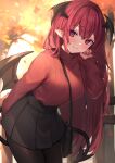  1girl alternate_costume between_breasts black_pantyhose black_skirt black_wings blurry blurry_background blush breasts casual demon_tail demon_wings head_tilt head_wings highres koakuma large_breasts long_hair long_sleeves looking_at_viewer miniskirt outdoors pantyhose pleated_skirt pointy_ears red_eyes red_hair red_sweater ribbed_sweater skirt smile solo straight_hair sweater sweater_tucked_in tail touhou very_long_hair wings wowoguni 