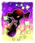  1boy bald black_skin clover colored_skin four-leaf_clover full_body game_&amp;_watch highres lens_flare mr._game_&amp;_watch purple_background shiwasuda_kuuu solo yellow_background 
