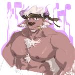  1boy abs animal_ears bara brown_fur camouflage camouflage_headwear chest_hair cow_ears cow_horns cropped_torso dichuan_(arriverw) furry furry_male headband highres horns large_pectorals looking_at_viewer male_focus mature_male minotaur muscular muscular_male nipples nude pectorals purple_eyes purple_horns sanpaku shennong_(housamo) short_hair solo strongman_waist thick_eyebrows tokyo_afterschool_summoners 