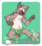  anthro blush briefs brown_eyes brown_nose bulge clothed clothing detailed_background embarrassed footprint footwear green_background green_briefs green_clothing green_footwear green_sneakers green_socks green_underwear hand_on_side hi_res hyena legwear male mammal markings mushketeery pattern_clothing pattern_footwear pattern_legwear pattern_socks pawprint shoelaces simple_background smile socks solo sparkles spots spotted_markings striped_clothing striped_footwear striped_socks stripes topless underwear white_background 