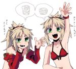 2girls arm_up bikini blonde_hair breasts cup_ramen detached_sleeves dual_persona fate/apocrypha fate/grand_order fate_(series) food green_eyes hair_between_eyes hair_ornament hair_scrunchie highres looking_at_viewer mordred_(fate) mordred_(fate/apocrypha) mordred_(swimsuit_rider)_(fate) multiple_girls open_mouth ponytail red_bikini red_scrunchie scrunchie simple_background small_breasts swimsuit translation_request uotsu_(sabakou) white_background 