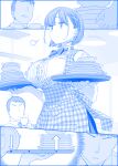  1boy 1girl ai-chan_(tawawa) apron arrow_(symbol) blue_theme bow bowtie breasts commentary_request faceless faceless_male getsuyoubi_no_tawawa highres himura_kiseki holding holding_plate holding_tray large_breasts necktie onii-san_(tawawa) plaid plaid_apron plate smile solo sweat tray waitress 
