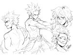  1boy abs boku_no_hero_academia commentary english_commentary from_behind greyscale habkart hair_between_eyes heart highres interlocked_fingers kirishima_eijirou looking_at_viewer male_focus monochrome multiple_views open_mouth own_hands_clasped own_hands_together pants sharp_teeth short_hair simple_background sketch smile spiked_hair standing teeth topless_male white_background 