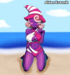  2022 aidan_kresnik barefoot beach big_breasts blush breasts cleavage_cutout clothing eyeless feet female hair hair_over_eye hand_behind_back hat headgear headwear hi_res humanoid kneeling mario_bros midriff navel nintendo not_furry one_eye_obstructed paper_mario paper_mario:_the_thousand_year_door pink_hair purple_body sand seashore seaside shadow_humanoid shadow_siren short_hair signature smile smiling_at_viewer solo spirit swimwear vivian_(mario) witch_hat 