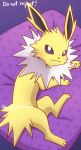  3_toes ambiguous_gender black_ears black_nose blush blush_lines eeveelution english_text feet feral full-length_portrait fur generation_1_pokemon jolteon laying_on_pillow long_ears lying nintendo pawpads paws pillow pink_blush pink_pawpads pokemon pokemon_(species) portrait purple_background purple_eyes purple_pillow sapphireluna shadow short_tail signature simple_background smile smiling_at_viewer solo tail text toes white_body white_fur yellow_body yellow_fur 