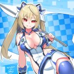  1girl arm_support avatar_(pso2) baniran_dorosu blonde_hair blue_flag blue_leotard blue_thighhighs bracelet breasts center_opening checkered_flag cleavage commentary commission cowboy_shot flag grin hair_between_eyes hair_ornament highleg highleg_leotard highres holding holding_flag jewelry large_breasts leaning_to_the_side leotard long_hair looking_at_viewer numako_(pizza_kanon) original phantasy_star phantasy_star_online_2 race_queen red_eyes skeb_commission skirt smile solo thighhighs two-tone_leotard two_side_up very_long_hair white_leotard white_skirt zipper zipper_pull_tab 