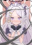  1girl absurdres ahoge alternate_costume apron black_gloves blue_archive blush closed_mouth commentary_request demon_girl demon_horns enmaided expeddddd forehead gloves hair_ornament hairclip halo hands_up highres hina_(blue_archive) horns looking_at_viewer maid maid_apron maid_headdress parted_bangs purple_eyes short_hair short_sleeves sidelocks solo white_hair 