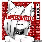  1:1 anthro blush breasts canid canid_demon cleavage clothed clothing collar demon ear_piercing eevoxx fangs female hair hellhound helluva_boss long_hair loona_(helluva_boss) low_res mammal piercing profanity red_background signature simple_background solo teeth white_hair 