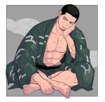  1boy abs bara bare_pectorals barefoot black_eyes black_hair buzz_cut closed_mouth facial_hair full_body fundoshi goatee golden_kamuy green_kimono grey_background hand_on_own_face japanese_clothes kimono looking_to_the_side male_focus male_underwear male_underwear_peek muscular muscular_male open_clothes open_kimono pectorals short_hair simple_background sitting solo tsukishima_hajime u_(lastcrime) underwear very_short_hair white_male_underwear yukata 