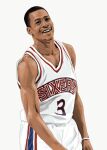  1boy allen_iverson basketball_uniform dark_skin jersey light_smile looking_at_viewer national_basketball_association non-web_source real_life simple_background solo solo_focus sportswear 
