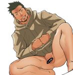  1boy bara black_hair bottomless brown_jacket clenched_hands facial_hair flaccid itto_(mentaiko) jacket looking_at_viewer male_focus muscular muscular_male naked_jacket penis priapus priapus_a._tarou short_hair simple_background smile solo squatting teeth testicles thighs white_background 