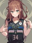  1girl air_jordan bang_dream! basketball blush breasts brown_hair cosplay double_v giannis_antetokounmpo giannis_antetokounmpo_(cosplay) green_background green_eyes head_tilt highres imai_lisa logo long_hair looking_at_viewer medium_breasts milwaukee_bucks national_basketball_association ponytail smile solo v white_background yazawa_happyaro 