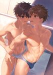  2boys against_wall arm_grab ass behind_another blue_male_swimwear brown_eyes brown_hair bulge collarbone commentary_request cowboy_shot day dripping dutch_angle eye_contact face-to-face grabbing_another&#039;s_arm hair_between_eyes hand_on_another&#039;s_thigh hand_up highres linea_alba looking_at_another looking_back male_focus male_swimwear multicolored_male_swimwear multiple_boys navel nayoshi_(r-744) nipples original outdoors parted_lips pectorals ribs shade short_hair spiked_hair standing sunlight swim_briefs toned toned_male twisted_torso wet wet_male_swimwear white_male_swimwear yaoi 
