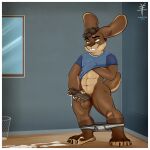  1:1 aaron_(artist) abs anthro athletic athletic_anthro athletic_male bodily_fluids border brown_body brown_fur brown_hair buckteeth claws clothed clothing crotch_tuft cum cum_drip cum_on_ground cum_string cumshot dripping ejaculation erection foreskin fur genital_fluids genitals glans green_eyes hair hand_on_penis hi_res inside lagomorph leporid male mammal masturbation muscular muscular_male partially_clothed penis rabbit retracted_foreskin smile solo standing teeth tuft underwear underwear_down white_border 