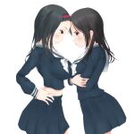  2girls a_certain_high_school_uniform arms_under_breasts black_hair black_shirt black_skirt breast_press breasts brown_eyes closed_mouth commentary_request feet_out_of_frame forehead-to-forehead from_side fukiyose_seiri hairband hand_on_own_hip heads_together kumokawa_seria large_breasts light_blush long_hair long_sleeves looking_at_another midriff multiple_girls navel parted_lips pleated_skirt red_hairband school_uniform serafuku shin_(highest1192) shirt skirt smile stomach symmetrical_docking toaru_majutsu_no_index white_serafuku 