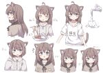  1girl :t =3 absurdres ahoge animal_ear_fluff animal_ears black_ribbon blue_eyes blush_stickers brown_capelet brown_hair capelet cat_ears cat_tail center_frills collarbone colon_br cropped_torso dot_nose ears_down expressions frilled_shirt frills from_side grey_hoodie hair_between_eyes hair_ornament hairclip highres hood hood_down hoodie long_hair long_sleeves looking_at_viewer multiple_views neck_ribbon original pout print_shirt ribbon shirt sidelocks simple_background solo straight_hair tail white_background white_shirt 