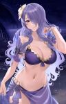  1girl bare_shoulders bikini breasts camilla_(fire_emblem) camilla_(summer)_(fire_emblem) cleavage cowboy_shot fire_emblem fire_emblem_fates fire_emblem_heroes flower hair_flower hair_ornament hair_over_one_eye hand_up haru_(nakajou-28) highres large_breasts long_hair looking_at_viewer navel official_alternate_costume purple_bikini purple_eyes purple_hair sarong see-through smile solo standing stomach swimsuit very_long_hair white_flower 