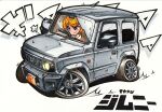  1girl brown_eyes collared_shirt driving highres jacket marker_(medium) orange_hair orange_jacket original shadow shirt smile solo sound_effects sports_utility_vehicle suzuki_(company) suzuki_jimny takapon_0505 traditional_media vehicle_focus white_background white_shirt 