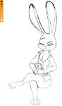  anthro bottomless cellphone clothed clothing disney ears_up eyebrows female hi_res judy_hopps lagomorph leporid mammal open_clothing open_shirt open_topwear phone rabbit raised_eyebrow shirt solo spoof_(artist) topwear zootopia 