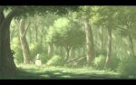  akafune bird bow bowtie bush chick commentary_request dappled_sunlight day duck forest grass landscape letterboxed nature no_humans original red_bow red_bowtie scenery shade signature stone_walkway sunlight tree tree_stump 