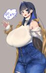  1girl :d alternate_breast_size bag bare_shoulders black_hair blue_eyes blue_hair blunt_bangs blush breasts brown_coat coat colored_inner_hair denim earclip hair_intakes halo hand_in_pocket hand_up handbag high-waist_pants highres hime_cut hololive hololive_english jeans large_breasts long_hair long_sleeves looking_at_viewer mechanical_halo multicolored_hair nuezou off_shoulder official_alternate_costume ouro_kronii ouro_kronii_(2nd_costume) pants shirt sidelocks simple_background smile solo speech_bubble translation_request virtual_youtuber white_shirt 