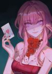 1girl ace_(playing_card) ace_of_hearts alternate_costume bare_shoulders black_background blue_background breasts card choker cleavage commentary do_myzu dress gradient_background hand_up heart highres holding holding_card honkai:_star_rail honkai_(series) kafka_(honkai:_star_rail) long_hair medium_breasts nail_polish playing_card purple_eyes purple_hair red_dress red_nails solo upper_body 