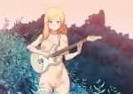  1girl blonde_hair braid breast_rest breasts bush carried_breast_rest carrying censored commentary completely_nude electric_guitar gbumop guitar instrument large_breasts mosaic_censoring music navel nipples nude original playing_instrument pussy red_eyes side_braid solo 
