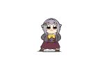  1girl :3 arms_behind_back bkub_(style) bow brown_eyes brown_footwear brown_skirt chibi closed_mouth commentary_request grey_hair grey_jacket grey_socks hair_flaps hair_intakes hair_ornament hairclip idolmaster idolmaster_cinderella_girls jacket koshimizu_sachiko looking_at_viewer poptepipic shadow shoes simple_background skirt socks solo standing voice_actor_connection white_background yellow_bow yukie_(kusaka_shi) 
