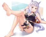  1girl :d absurdres animal_ears ass barefoot beach black_one-piece_swimsuit blunt_bangs breasts cleavage commentary_request eyewear_on_head feet full_body gold_ship_(run_revolt_launcher)_(umamusume) gold_ship_(umamusume) grin highres horse_ears horse_girl horse_tail legs long_hair looking_at_viewer lying nail_polish official_alternate_costume on_back one-piece_swimsuit purple_eyes purple_hair radoremo sand smile soles solo sunglasses swimsuit tail teeth toenail_polish toenails toes umamusume v water water_gun white_background yellow_nails 