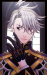  1boy ahoge black_eyes curtained_hair disneysmoo facial_mark fate/grand_order fate_(series) gloves grey_hair hair_between_eyes highres indoors james_moriarty_(ruler)_(fate) lightning_ahoge long_sleeves male_focus short_hair smile solo window 