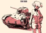  1girl :3 alisa_(girls_und_panzer) bomber_jacket breasts caterpillar_tracks emblem freckles girls_und_panzer girls_und_panzer_ribbon_no_musha hair_between_eyes hair_ornament highres jacket m22_locust military military_vehicle monochrome motor_vehicle poppy10100 saunders_military_uniform short_hair short_twintails shorts small_breasts smile solo solo_focus star_(symbol) star_hair_ornament tank twintails very_short_hair 