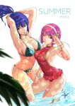  2girls ;) asamiya_athena bikini blue_hair bracelet breasts cleavage commentary_request english_text green_bikini hair_tie_in_mouth hairband highres jewelry large_breasts leona_heidern long_hair mouth_hold multiple_girls one-piece_swimsuit one_eye_closed palm_tree pink_eyes pink_hair ponytail rocohisaya shell short_hair side-tie_bikini_bottom simple_background smile starfish swimsuit the_king_of_fighters tree tying_hair wading white_background white_hairband 