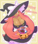  breasts brown_body cleavage clothed clothing fangs female generation_6_pokemon gourgeist hair halloween hi_res holidays humanoid nintendo pink_eyes pink_hair pokemon pokemon_(species) snackbunnii solo teeth yellow_sclera 
