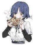  1girl black_ribbon black_shirt blue_hair bocchi_the_rock! cropped_torso eating food hair_ornament hairclip highres layered_sleeves long_sleeves moga_(ponco_gris) mole mole_under_eye neck_ribbon pizza ribbon school_uniform shimokitazawa_high_school_uniform shirt short_hair short_over_long_sleeves short_sleeves solo white_background white_shirt yamada_ryo yellow_eyes 