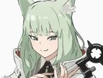  1girl animal_ear_fluff animal_ears arknights blunt_bangs cat_ears closed_mouth green_eyes green_hair grey_background harmonie_(arknights) holding holding_wand long_hair looking_at_viewer portrait simple_background solo uki_atsuya wand 