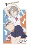  1girl :d ahoge arms_up bandaid bandaid_on_cheek bandaid_on_face bandaid_on_nose biki_srms blue_skirt commentary copyright_name do_it_yourself!! dress_shirt fang full_body grey_hair hair_between_eyes hammer highres holding holding_hammer jumping legs_up looking_at_viewer medium_skirt neck_ribbon no_socks open_mouth outline pig pleated_skirt red_eyes red_ribbon ribbon school_uniform shirt shoes short_hair short_sleeves skin_fang skirt smile sneakers solo translated untucked_shirt white_footwear white_outline white_shirt wing_collar yua_serufu 
