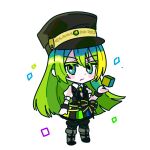  1girl alina_gray black_bow black_footwear black_headwear black_vest blunt_ends boots bow chain chibi closed_mouth collar cube detached_collar fold-over_boots full_body fur_cuffs green_eyes green_hair hair_between_eyes hat long_hair looking_at_viewer magia_record:_mahou_shoujo_madoka_magica_gaiden magical_girl mahou_shoujo_madoka_magica multicolored_clothes multicolored_hair multicolored_skirt peaked_cap pleated_skirt puffy_short_sleeves puffy_sleeves rro_del see-through see-through_sleeves short_sleeves sidelocks simple_background skirt solo streaked_hair striped striped_skirt vertical-striped_skirt vertical_stripes vest waist_bow white_background white_collar white_sleeves 