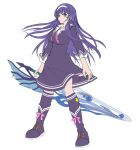  1girl blue_eyes breasts full_body highres holding holding_sword holding_weapon large_breasts long_hair looking_at_viewer purple_hair school_uniform serafuku simple_background skirt solo sword tsukikage_koharu valkyrie_drive valkyrie_drive_-bhikkhuni- weapon white_background xiaott_project 